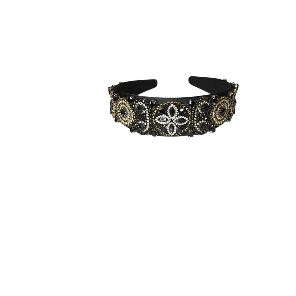 Elegant Black and Gold Bling Rhinestone Beaded Rmbellished Headband